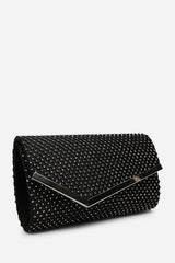 Kexina Black Satin Hot Fix Mesh Asymmetric Envelope Clutch With Gunmetal Trim