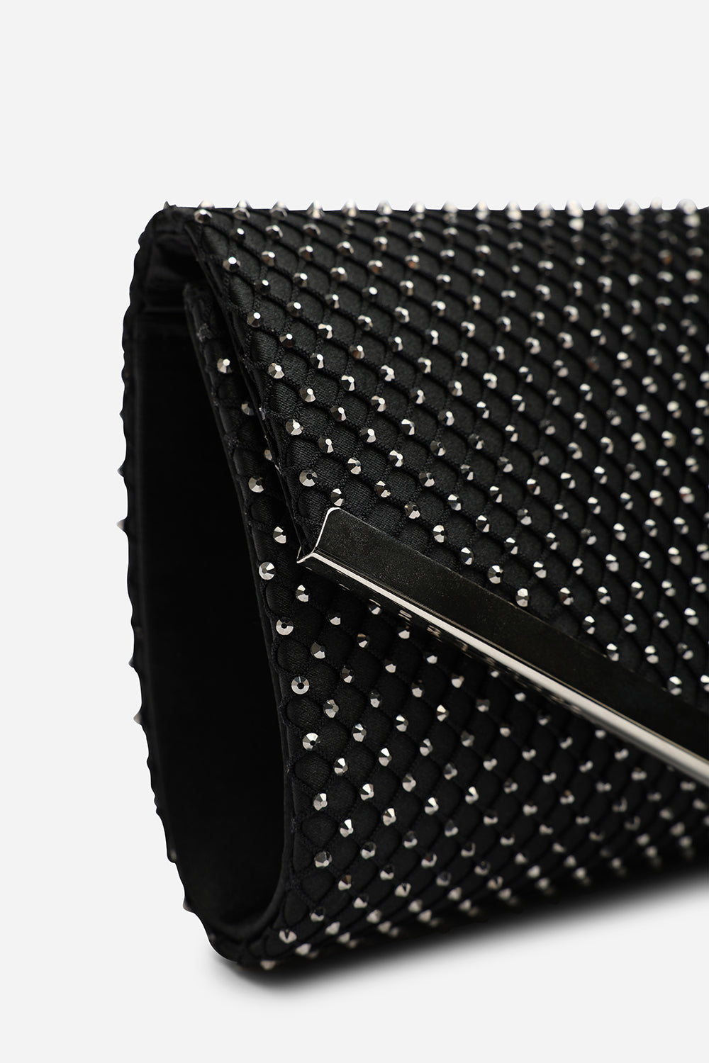 Kexina Black Satin Hot Fix Mesh Asymmetric Envelope Clutch With Gunmetal Trim