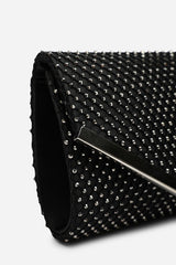 Kexina Black Satin Hot Fix Mesh Asymmetric Envelope Clutch With Gunmetal Trim