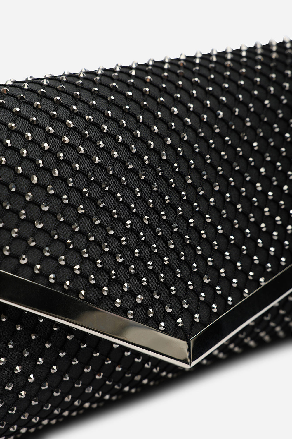 Kexina Black Satin Hot Fix Mesh Asymmetric Envelope Clutch With Gunmetal Trim