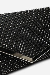 Kexina Black Satin Hot Fix Mesh Asymmetric Envelope Clutch With Gunmetal Trim