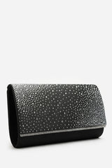 Lavira Black Satin Diamante Stud Clutch Bag With Diamante Trim