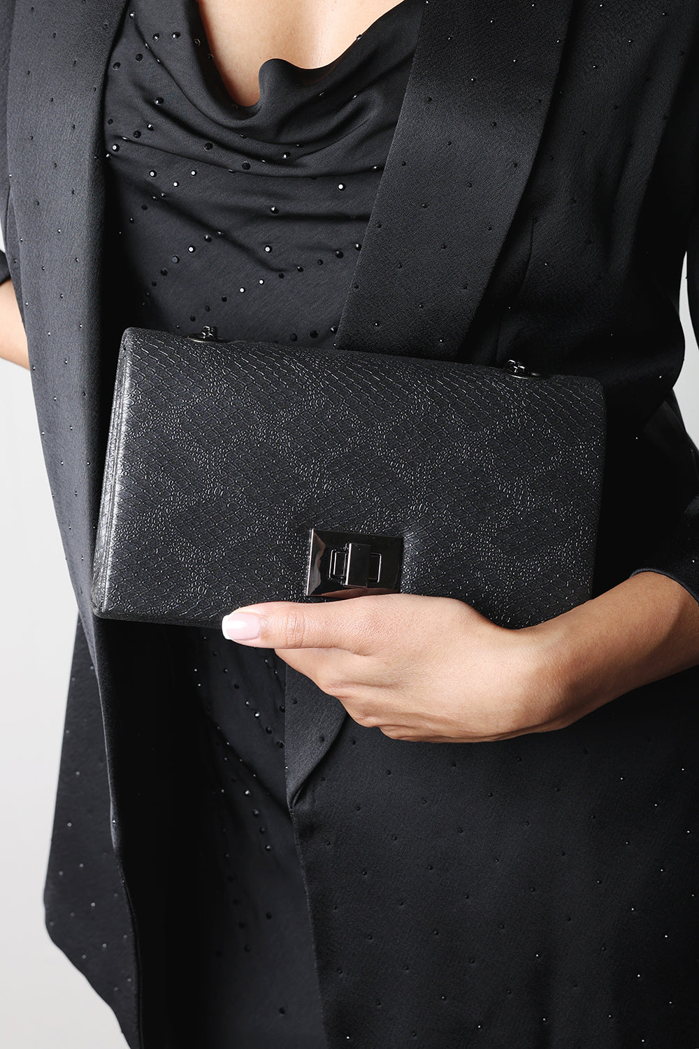 Lurexa Black Metalic Snake Clutch & Crossbody Bag With Twist Lock Detail and Chain