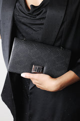 Lurexa Black Metalic Snake Clutch & Crossbody Bag With Twist Lock Detail and Chain