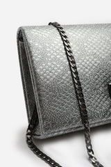 Lurexa Silver Metalic Snake Clutch & Crossbody Bag With Twist Lock Detail and Chain