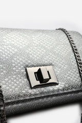 Lurexa Silver Metalic Snake Clutch & Crossbody Bag With Twist Lock Detail and Chain