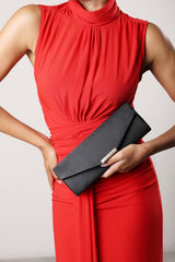 Lixora Black Satin Long Envelope Clutch Bag With Gold Trim Detail