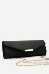 Lixora Black Satin Long Envelope Clutch Bag With Gold Trim Detail