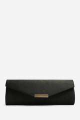 Lixora Black Satin Long Envelope Clutch Bag With Gold Trim Detail