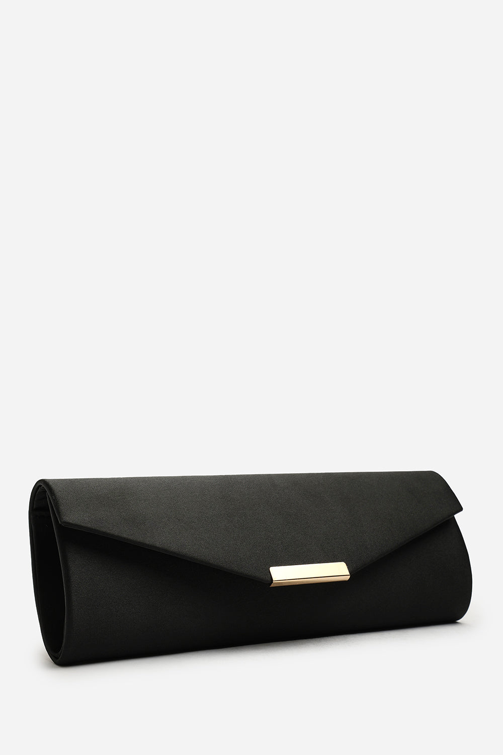 Lixora Black Satin Long Envelope Clutch Bag With Gold Trim Detail