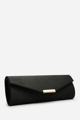 Lixora Black Satin Long Envelope Clutch Bag With Gold Trim Detail