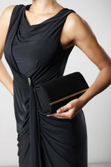 Mavelle Fold Over Gold Trim Clutch Cross Body Bag In Black Suede