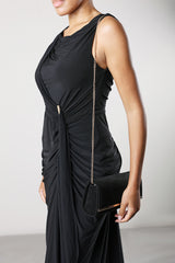 Mavelle Fold Over Gold Trim Clutch Cross Body Bag In Black Suede