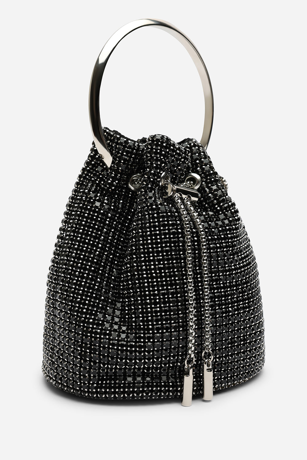Melixa Embellished Diamante Bucket Bag With Bracelet Ring Handle In Black