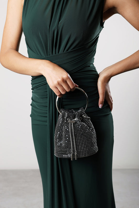Melixa Embellished Diamante Bucket Bag With Bracelet Ring Handle In Black
