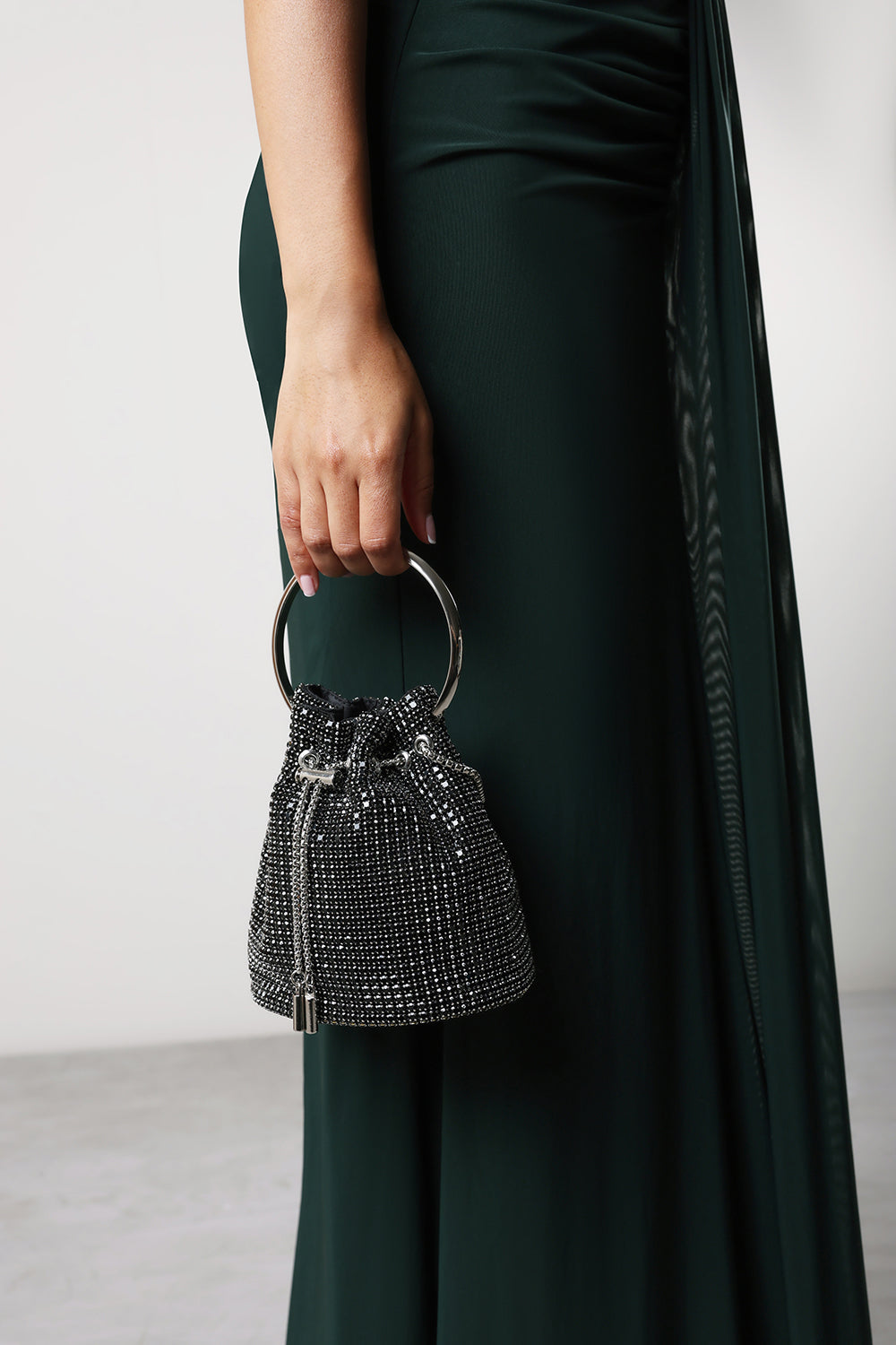 Melixa Embellished Diamante Bucket Bag With Bracelet Ring Handle In Black