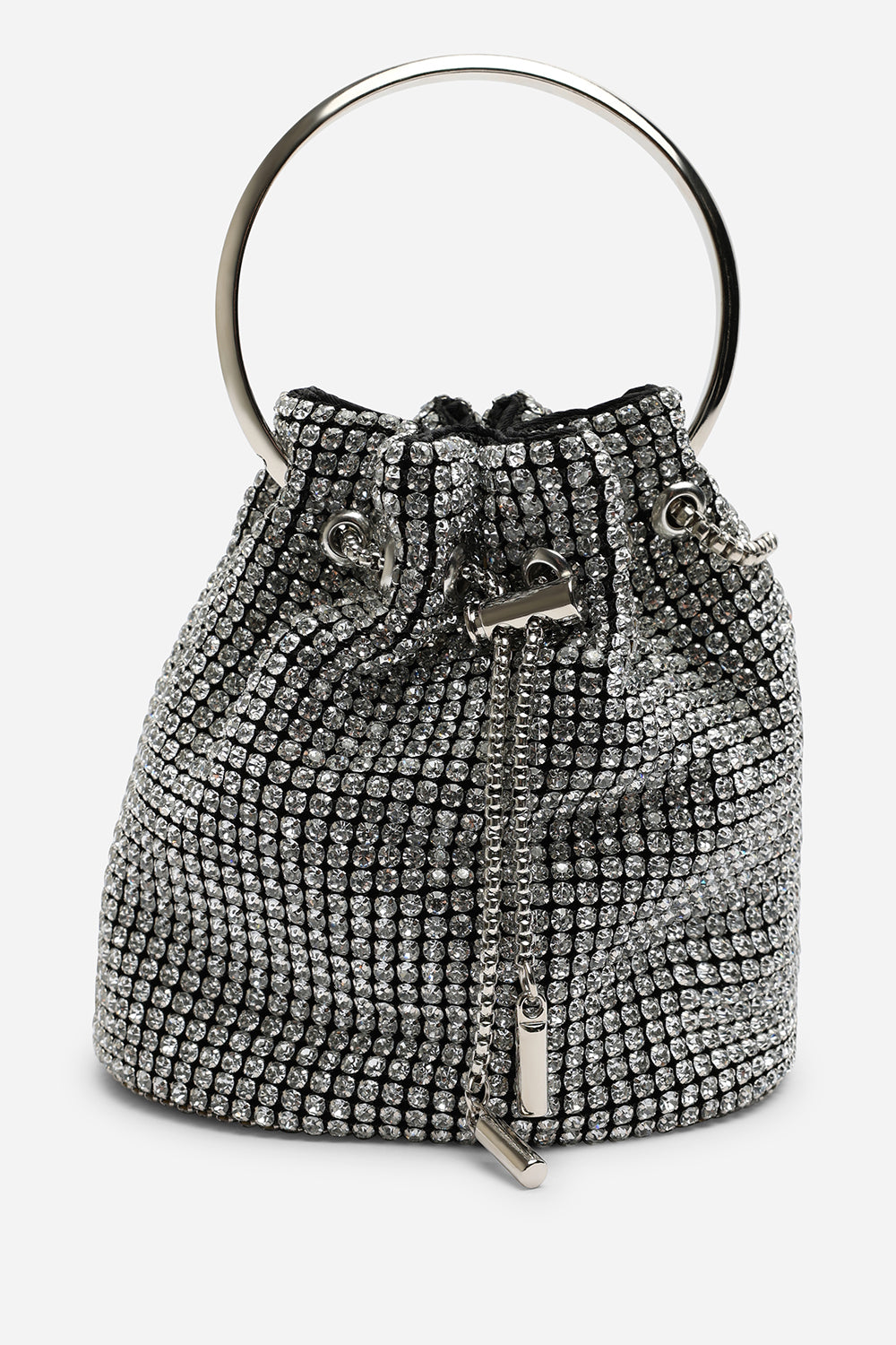 Melixa Embellished Diamante Bucket Bag With A Bracelet Ring Handle In Silver