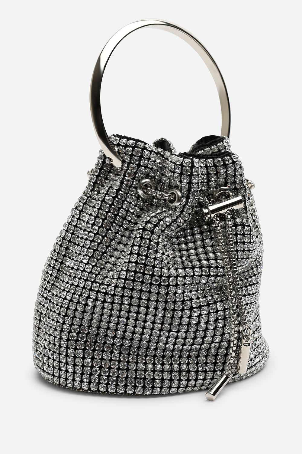 Melixa Embellished Diamante Bucket Bag With A Bracelet Ring Handle In Silver