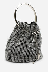 Melixa Embellished Diamante Bucket Bag With A Bracelet Ring Handle In Silver