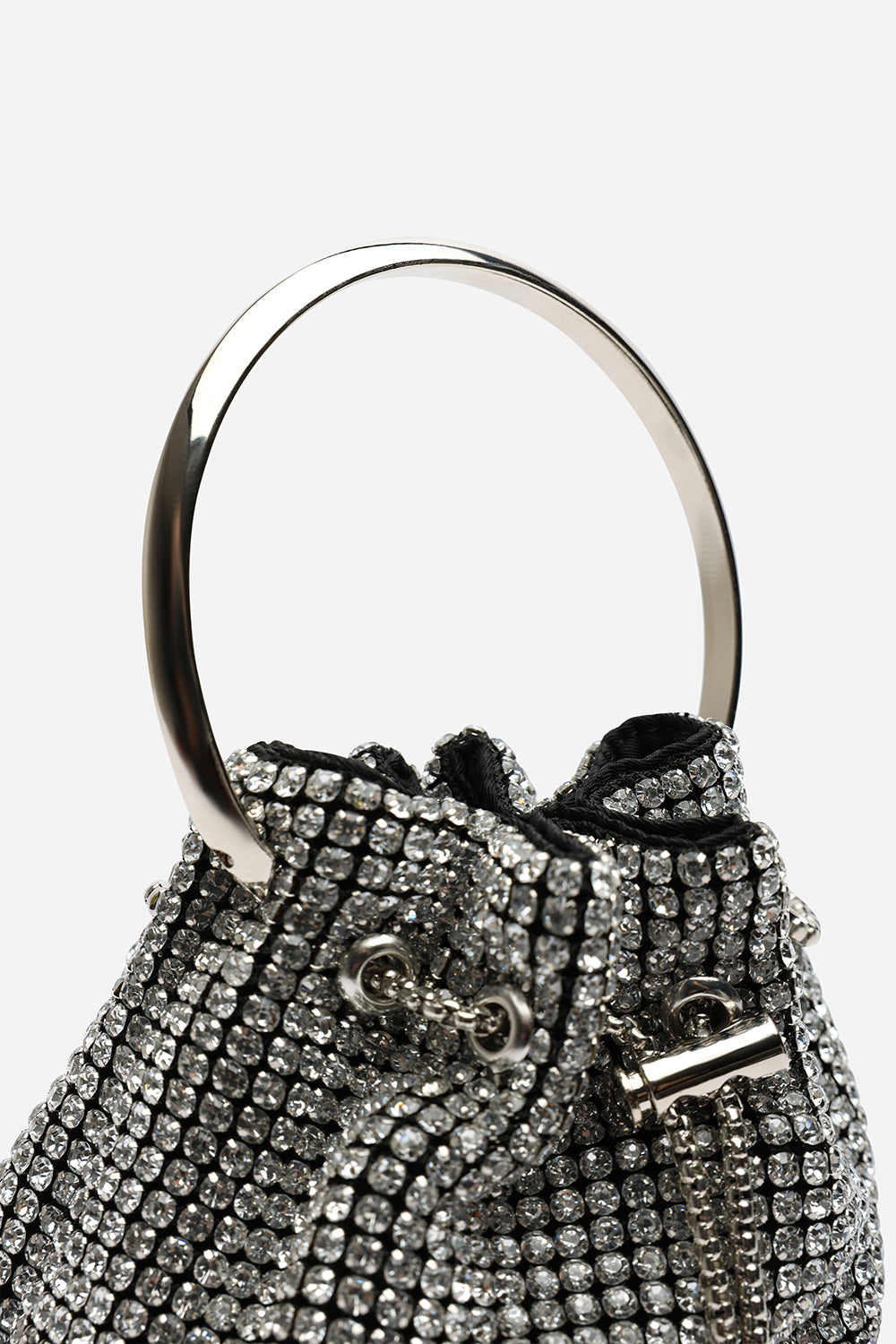 Melixa Embellished Diamante Bucket Bag With A Bracelet Ring Handle In Silver