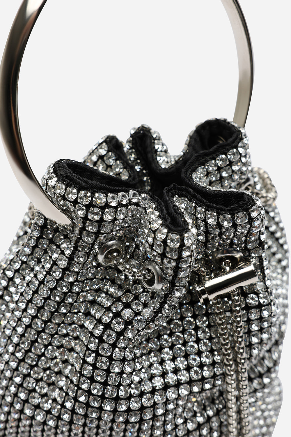 Melixa Embellished Diamante Bucket Bag With A Bracelet Ring Handle In Silver