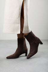 Hirlis Dark Brown Faux Suede Snipped Toe Heeled Ankle Boot