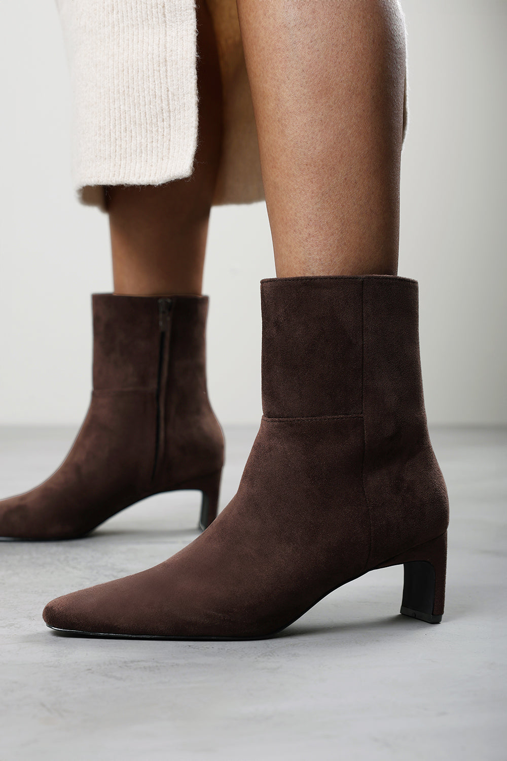 Hirlis Dark Brown Faux Suede Snipped Toe Heeled Ankle Boot