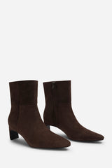 Hirlis Dark Brown Faux Suede Snipped Toe Heeled Ankle Boot