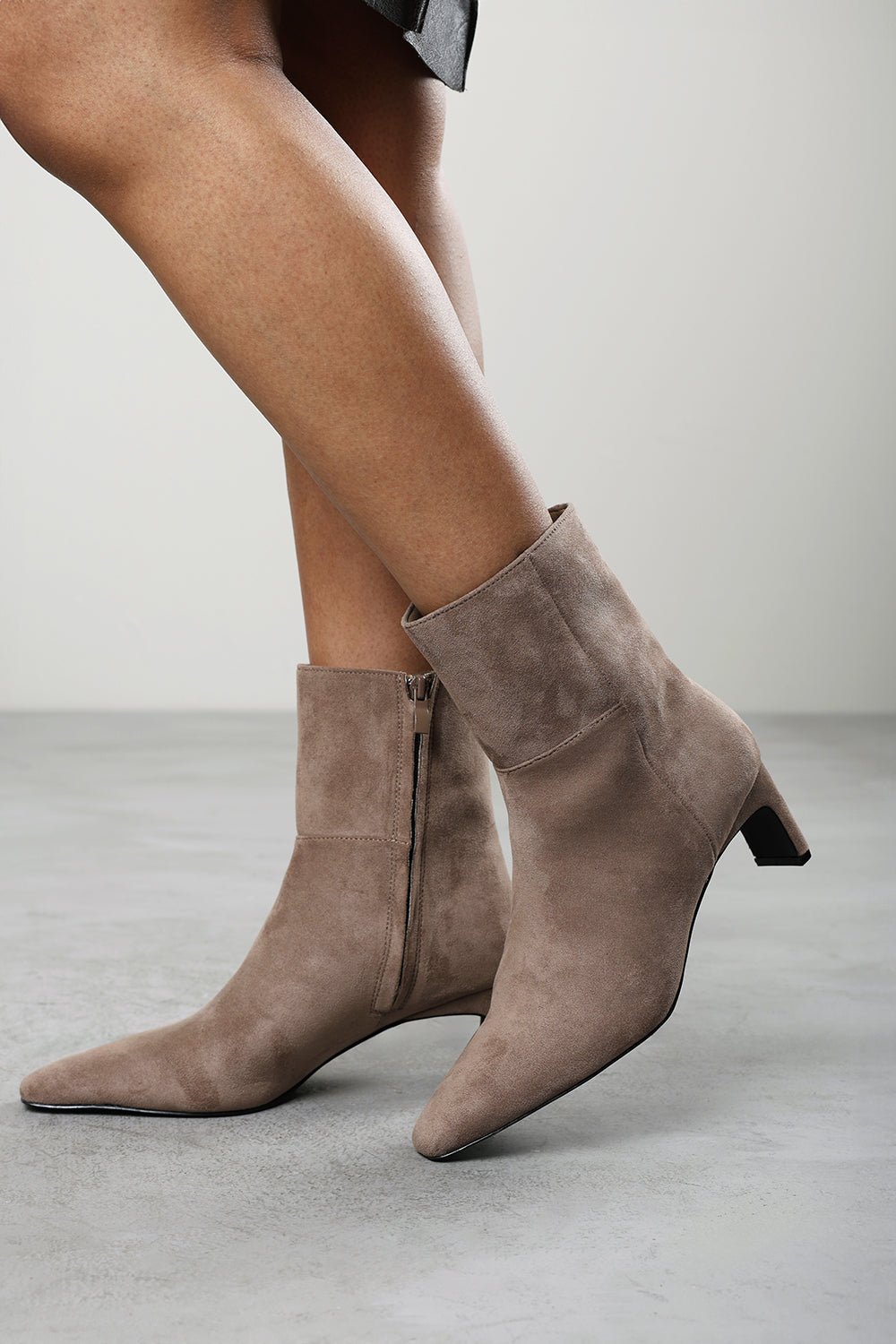 Hirlis Taupe Faux Suede Snipped Toe Heeled Ankle Boot