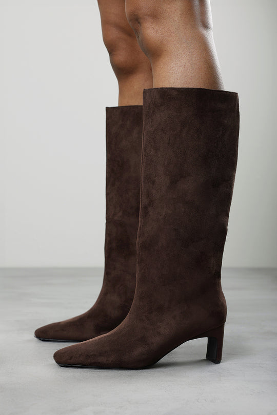 Mckinley Dark Brown Suede Knee High Straight Heel Boot