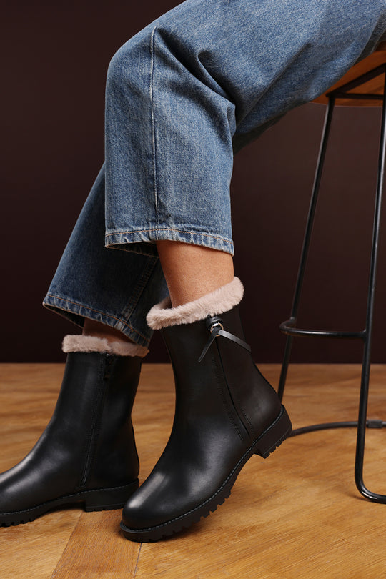 Una Black Mid Calf Low Heel Boots with Faux Fur Trim and Side Zip Detail