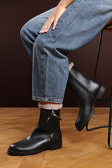 Una Wide Fit Black Mid Calf Low Heel Boots with Faux Fur Trim and Side Zip Detail