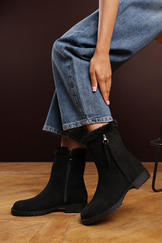 Artic Mid Calf Boot With Fur Trim In Black Suede