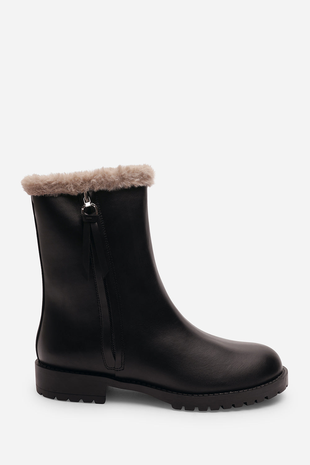 Una Wide Fit Black Mid Calf Low Heel Boots with Faux Fur Trim and Side Zip Detail