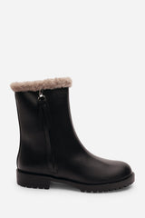 Una Wide Fit Black Mid Calf Low Heel Boots with Faux Fur Trim and Side Zip Detail