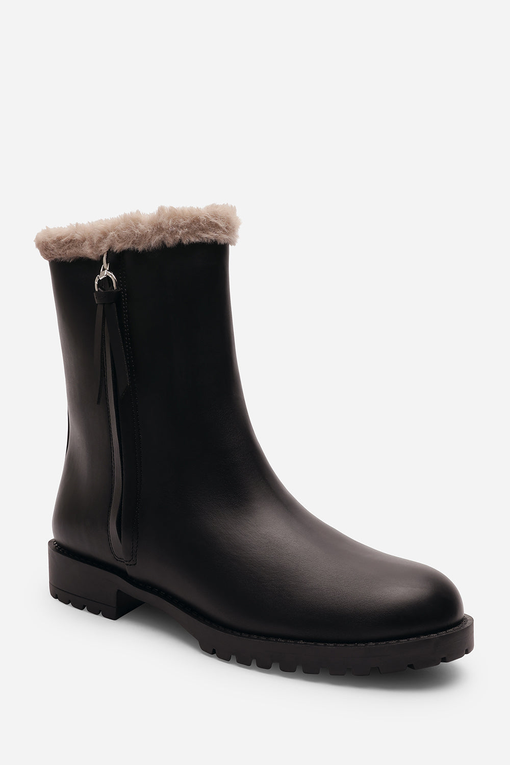 Una Wide Fit Black Mid Calf Low Heel Boots with Faux Fur Trim and Side Zip Detail