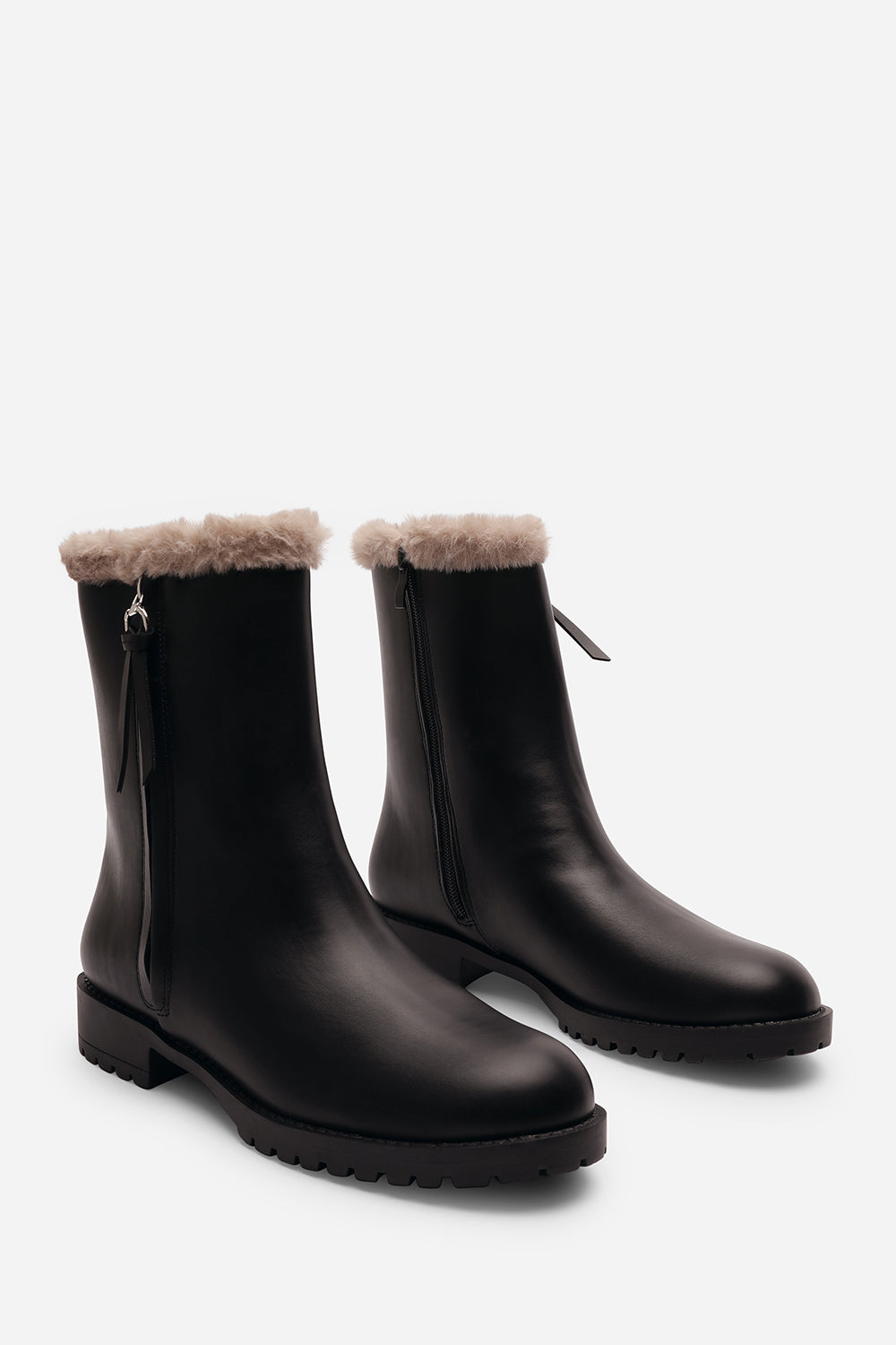 Una Wide Fit Black Mid Calf Low Heel Boots with Faux Fur Trim and Side Zip Detail