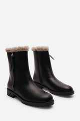 Una Wide Fit Black Mid Calf Low Heel Boots with Faux Fur Trim and Side Zip Detail
