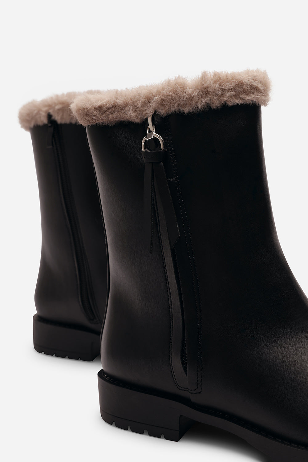 Una Wide Fit Black Mid Calf Low Heel Boots with Faux Fur Trim and Side Zip Detail
