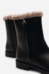 Una Wide Fit Black Mid Calf Low Heel Boots with Faux Fur Trim and Side Zip Detail