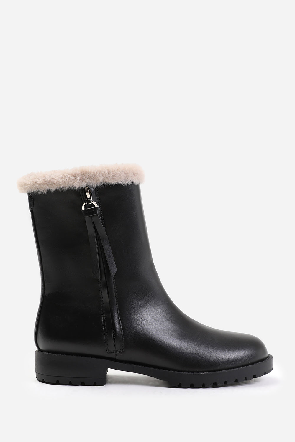 ARTIC MID CALF BOOT WITH FUR TRIM IN BLACK FAUX LEATHER