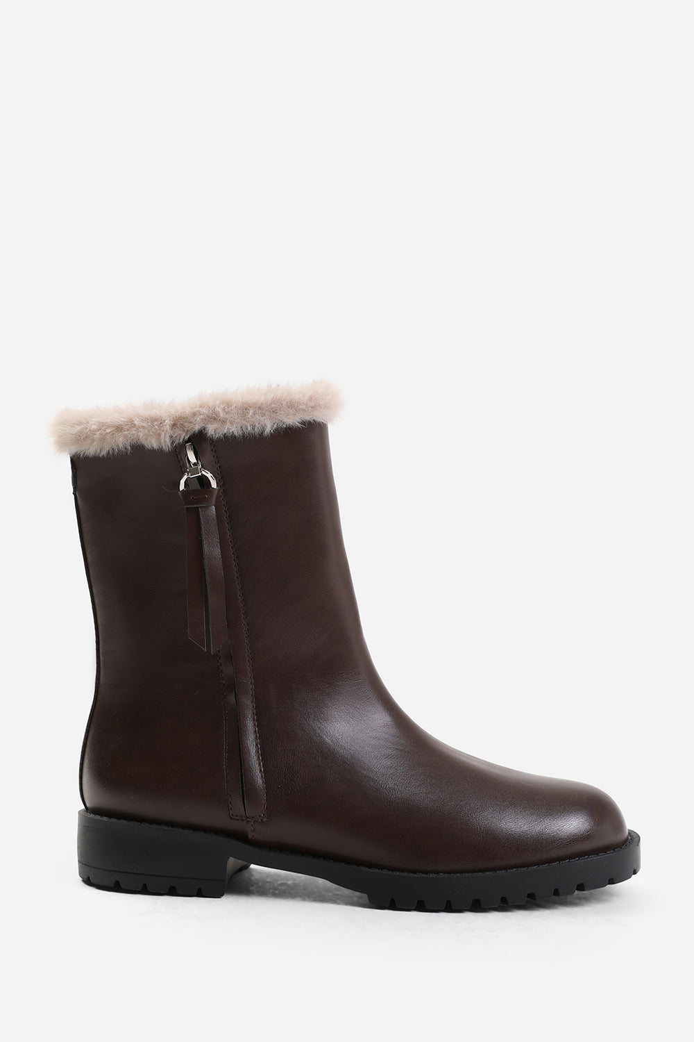 ARTIC WIDE FIT MID CALF BOOT WITH FUR TRIM IN DARK BROWN FAUX LEATHER