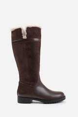 KENDRA WIDE CALF KNEE HIGH BOOTS WITH FUR TRIM AND LINING IN WIDE E FIT IN DARK BROWN SUEDE AND FAUX LEATHER