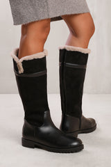 KENDRA KNEE HIGH BOOTS WITH FUR TRIM AND LINING IN BLACK SUEDE AND FAUX LEATHER