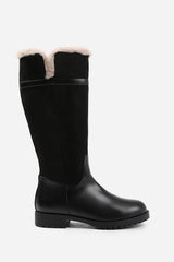 KENDRA KNEE HIGH BOOTS WITH FUR TRIM AND LINING IN BLACK SUEDE AND FAUX LEATHER