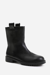 DELTA MID CALF BOOT WITH STITCHING DETAIL IN BLACK GRAIN FAUX LEATHER