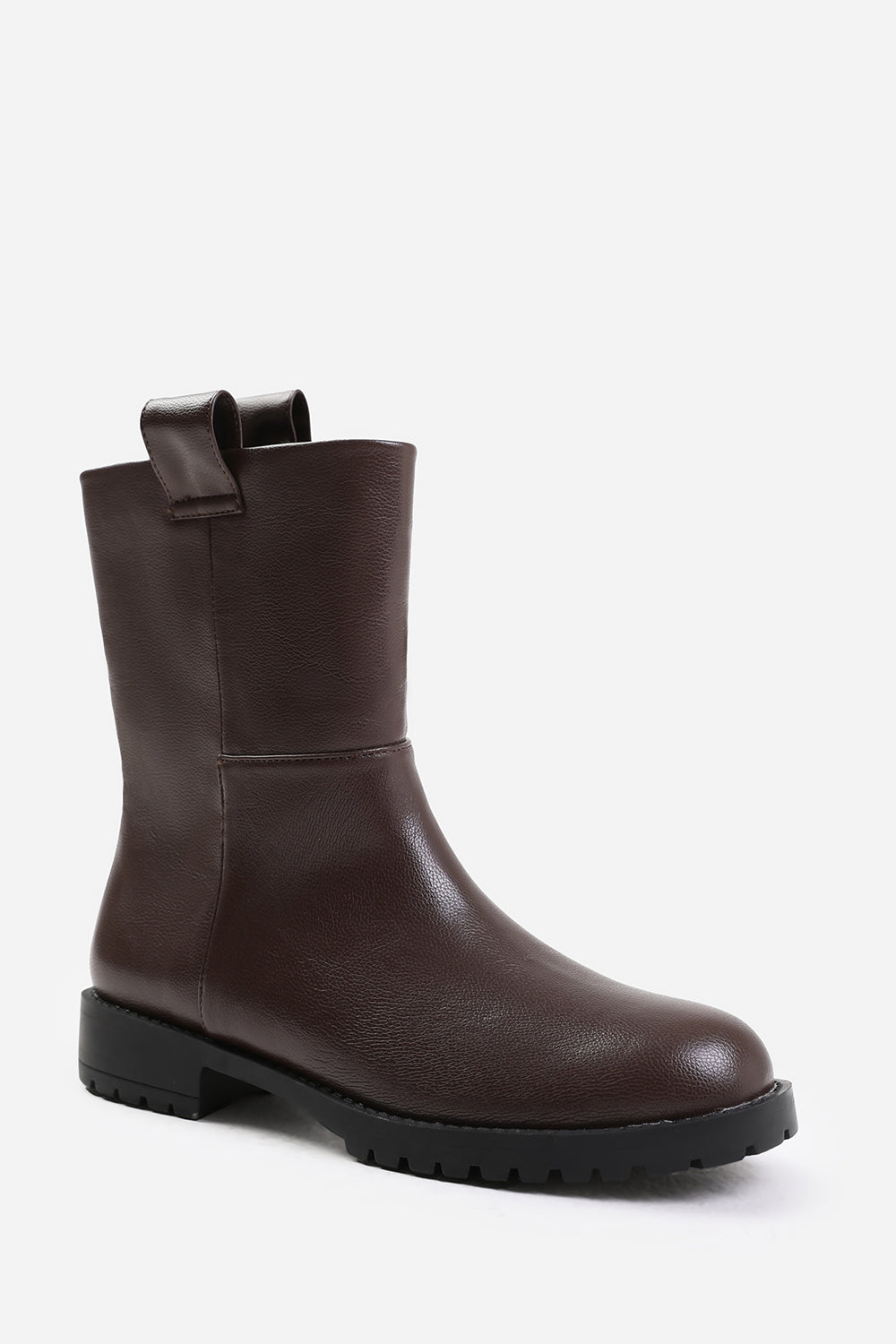 DELTA MID CALF BOOT WITH STITCHING DETAIL IN DARK BROWN GRAIN FAUX LEATHER