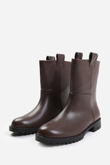 DELTA WIDE FIT MID CALF BOOT WITH STITCHING DETAIL IN DARK BROWN GRAIN FAUX LEATHER