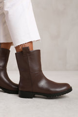 DELTA MID CALF BOOT WITH STITCHING DETAIL IN DARK BROWN GRAIN FAUX LEATHER