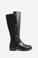 ARALYN BELOW KNEE BOOT WITH BUTTON DETAILING AND SIDE ZIP IN BLACK FAUX LEATHER